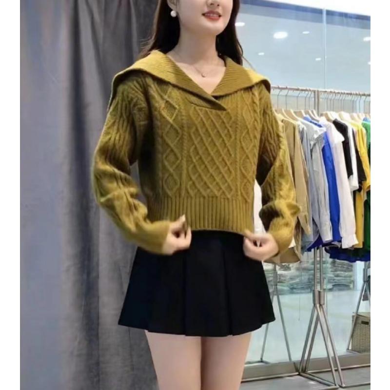 Autumn and Winter New Temperament Elegant Style Retro Navy Collar Rhombus Versatile Solid Color Knitted Sweater Top