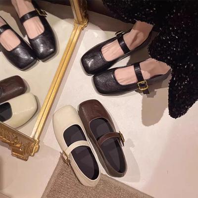 Korean Version of One-word Buckle Soft Surface Soft Sole Gentle Mary Jane Shoes French Low Heel Square Head Single Shoes Women's 2025 Spring and Autum