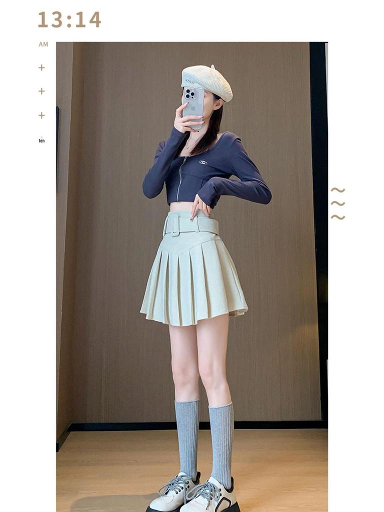 High-Waisted Pleated Chenille A-Line Skirt for Tall Women - Anti-Exposure, Corduroy, Short, Suitable for Spring and Autumn.