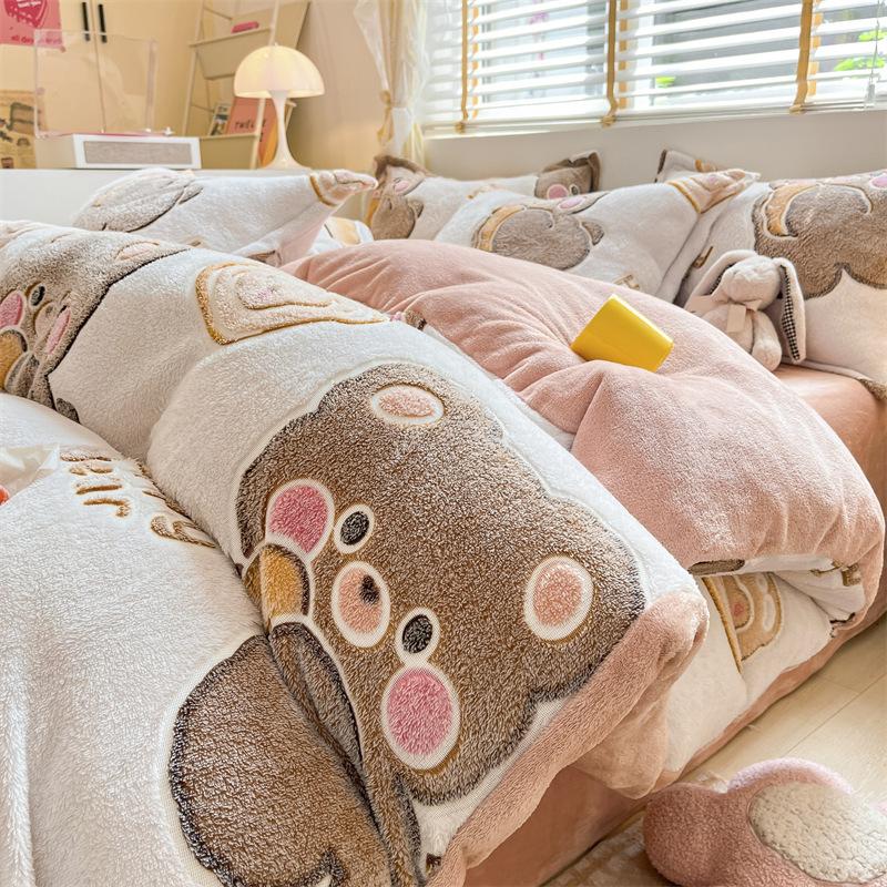 Cartoon Coral Fleece Four-Piece Set, Thickened Milk Fleece Sheet Quilt Cover, Snowflake Fleece Bed Three-Piece Quilt Cover
