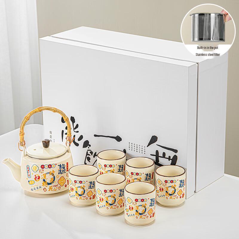 LaiNuo Yellow Glazed Rotating Handle Teapot Set