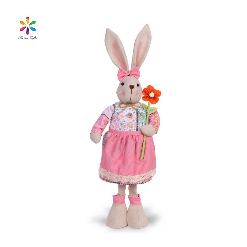 Large Easter Rabbit Ornament with Carrot and Flowers – Pink, Light Green, Brown Hanging Decoration