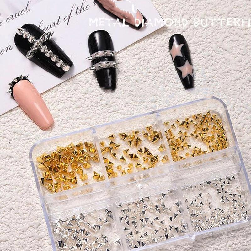 6 Grids Punk Style Flat-Back Metal Nail Art Rivet Pyramid-Shaped Charms Studs Accessories For Manicure Nails Decoration Supplies