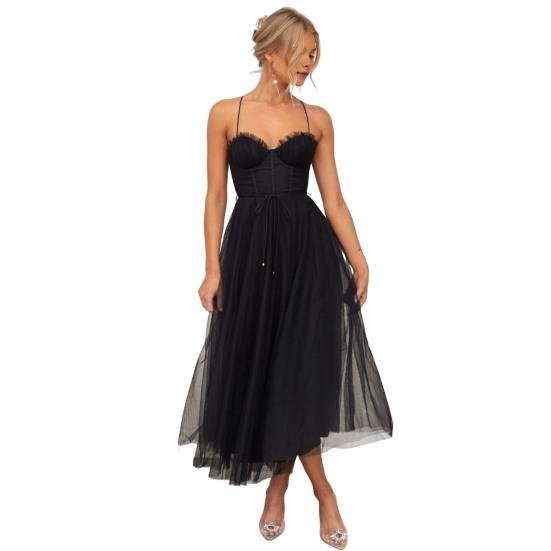 Damen Mesh Swing Cocktailkleid Ärmellos Spaghetti-Träger A-Linie Tüllkleid Formelles Hochzeitsgastkleid