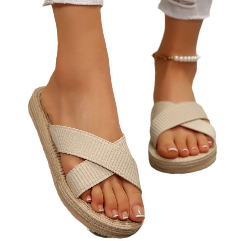 New Woven Imitation Hemp Rope Cross Slippers Summer Women's Versatile Flat-bottomed Beach Cool Slippers