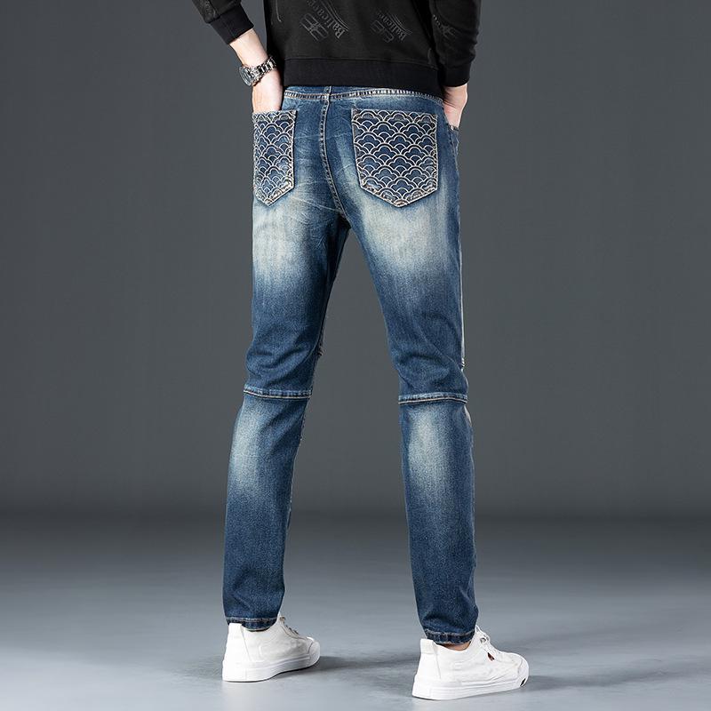 Men's Ripped Embroidered Skinny Jeans - Fashionable Elastic Slim Fit Pants