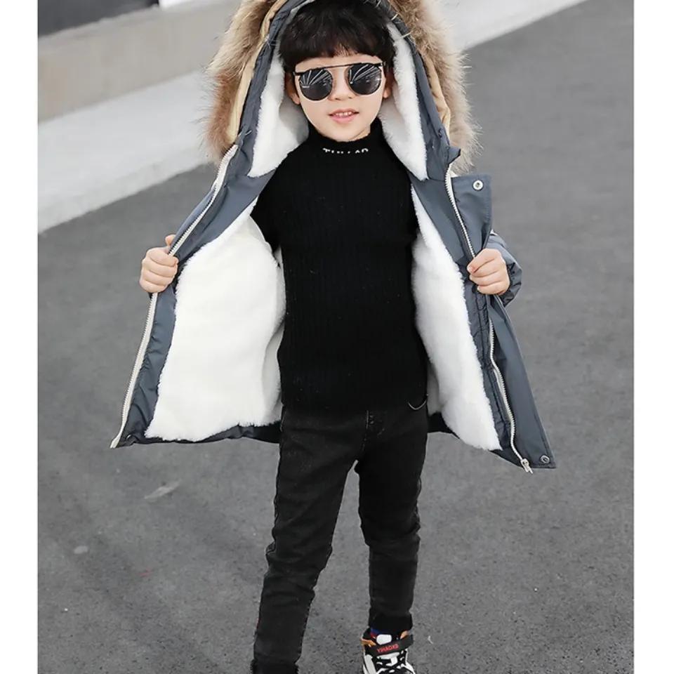 Boys Winter Hooded Jacket Fashion Baby Winter Quilted Plus Velvet Thick Warm Jacket