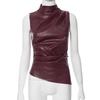 Women's European & American Style 2024 Leather Mock Neck Sleeveless Top with Asymmetrical Hem
