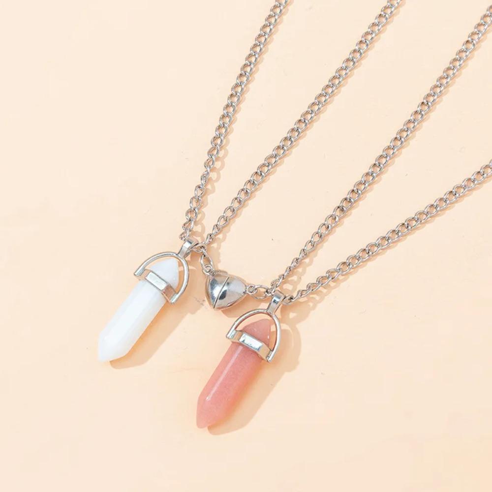 Fashion Couple Matching Necklace Colorful Geometric Hexagon Pillar Crystal Pendant Love Couple Friendship Friends Jewelry Gift