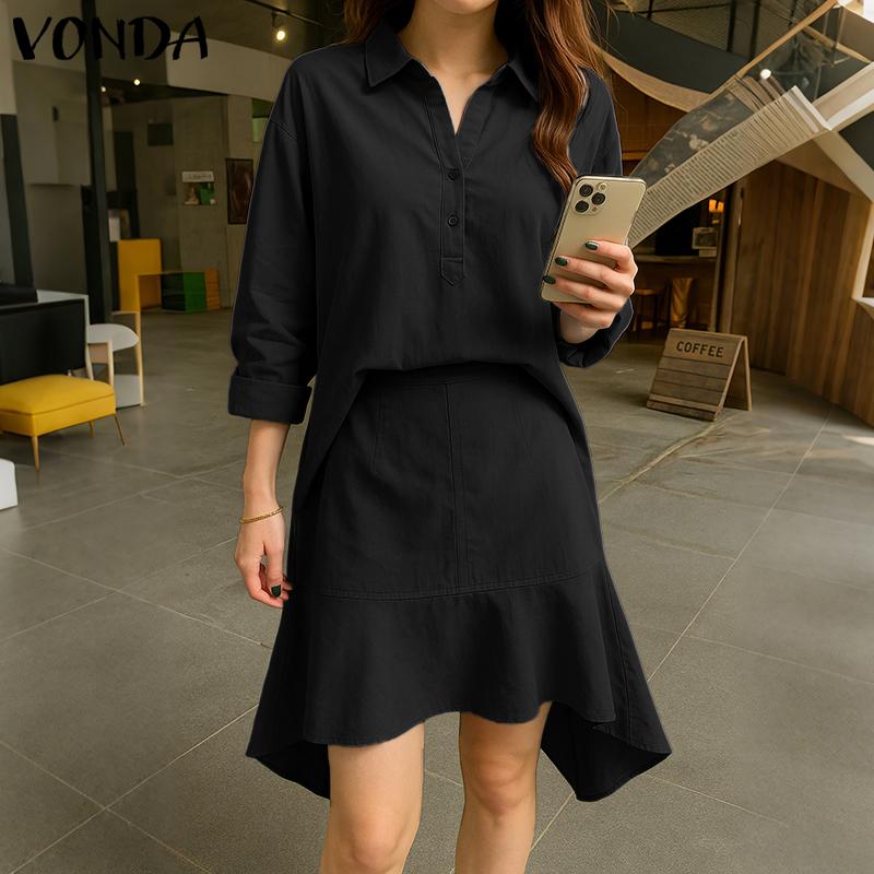 VONDA Two Piece Suit Sets Women Long Sleeve Blouse and Short Skirts Outfits