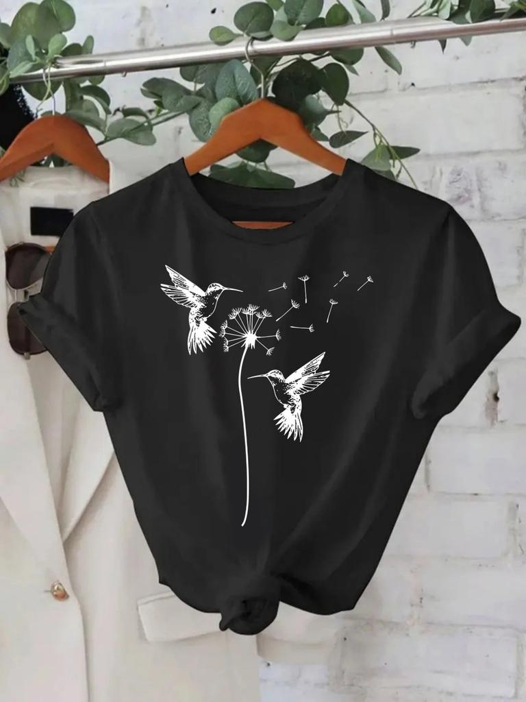 Fashionable Letter Cartoon Print Women'S Round Neck T-Shirt  Simple Design  Suitable for Daily Leisure and Versatile  harajuku