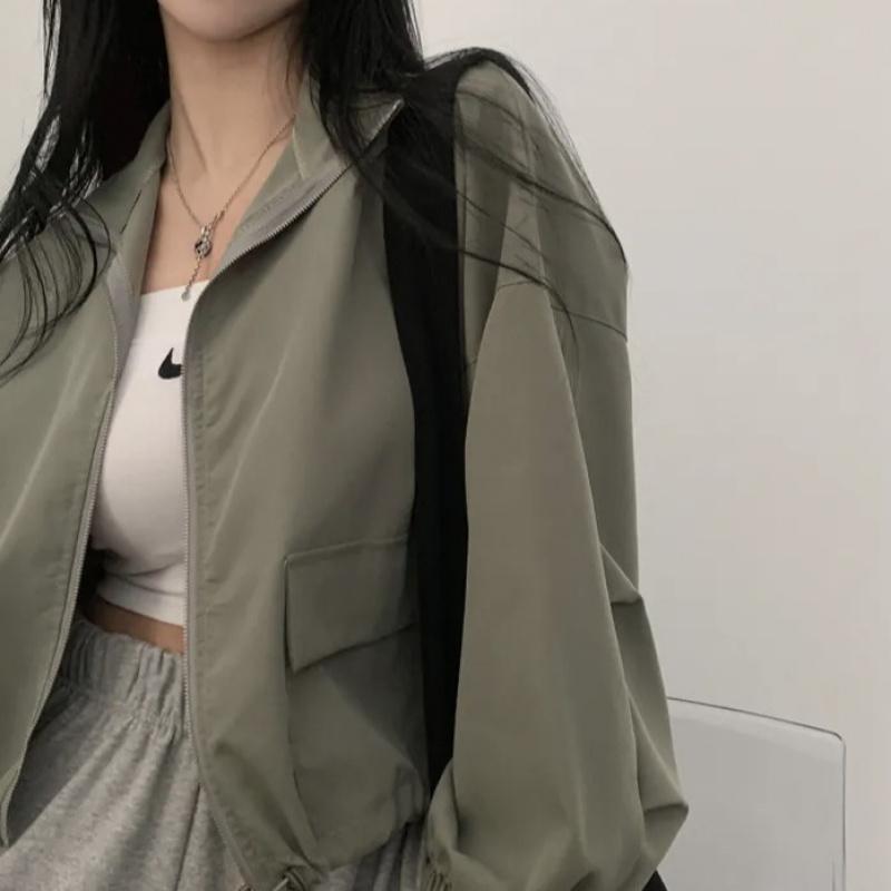 Vintage workwear drawstring short baseball jacket coat for women with a high-end, niche outerwear design