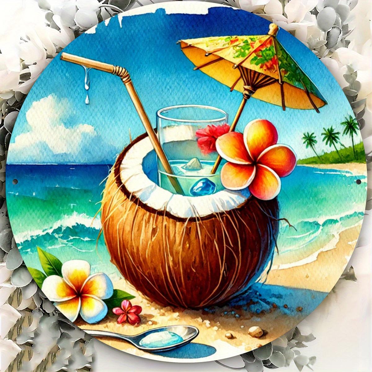 Tropical Beach Coconut Drink Plumeria Metal Tin Sign 20x30cm(7.8x11.8inch)