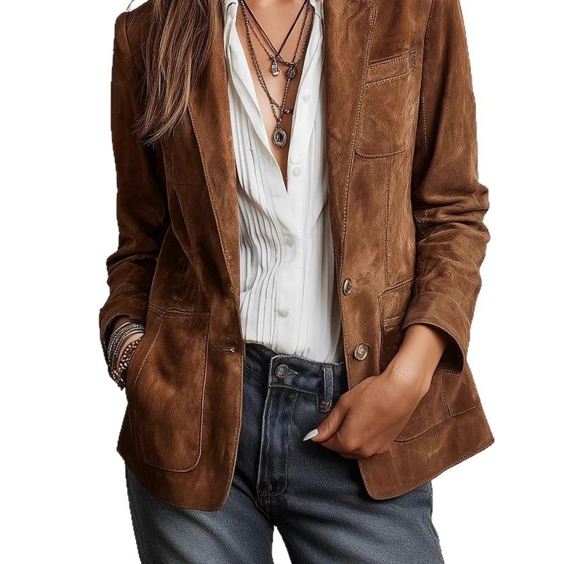 Women S Retro Suede Single Breasted Long Sleeve Jacket