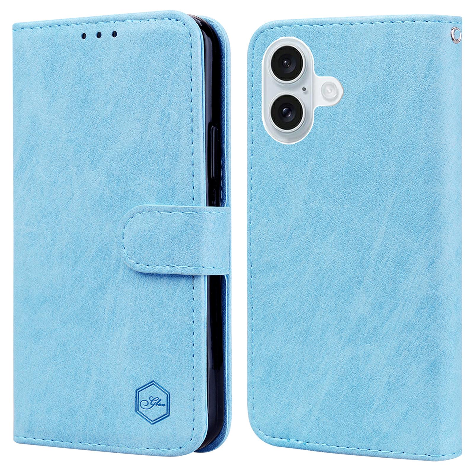 

For iPhone 16 Case Solid Color Leather Folding Stand Wallet Leather Phone Cover Baby Blue