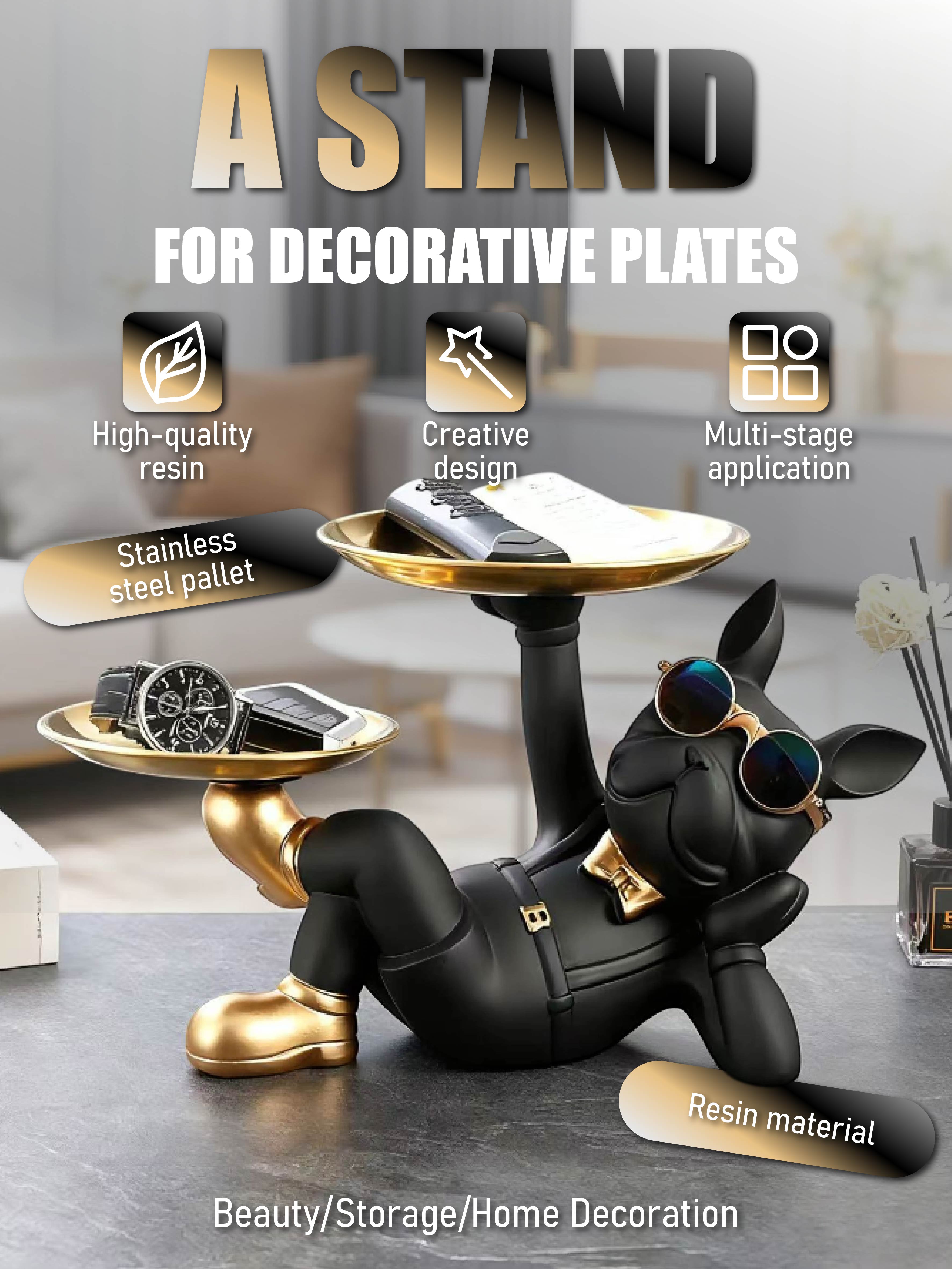 

Креативна смоляна підставка-тарілка з бульдогом - 2-рівневі сервірувальні таці з нержавіючої сталі для домашнього декору та зберігання чорний