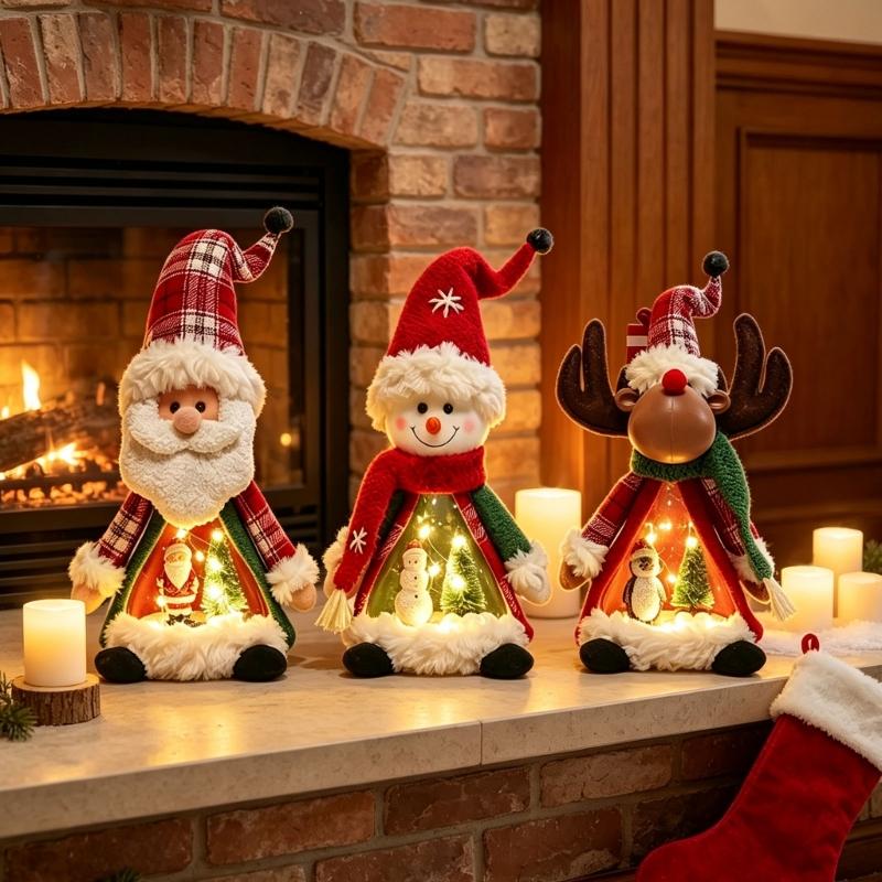 Holiday Display Figurine With Warm LED Glowing, Soft Fabric Christmas Tabletop Decors, Santa Snowman Deer Doll for Shelves, Mantels, and Counters