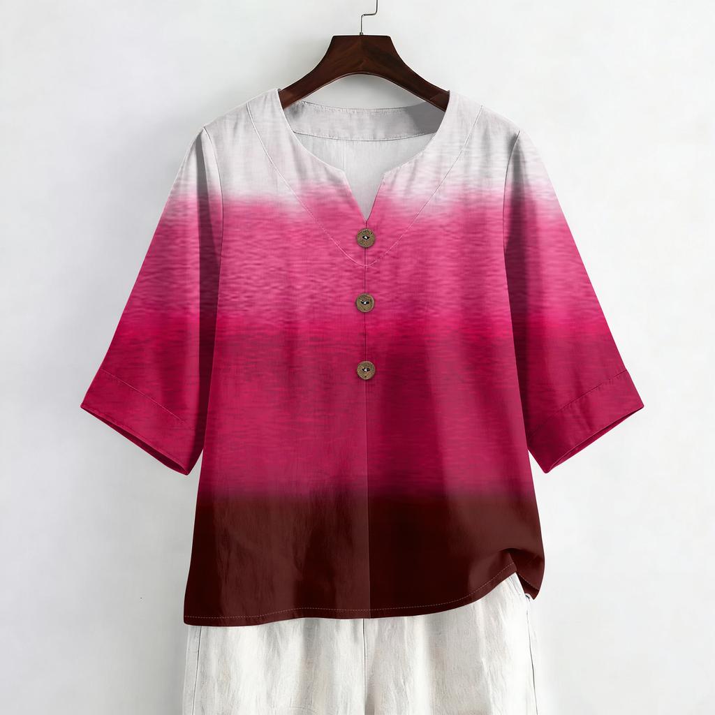 Women's Summer Fashion V-Neck 3/4 Sleeve Shirt Casual Loose-Fit Gradient Print Top