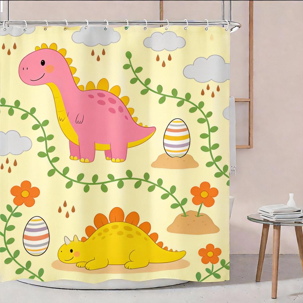Cute Dinosaur Shower Curtain Green Cartoon Dinosaurs Print For Kids Bathroom Decor Polyester Bath Curtain With Hooks