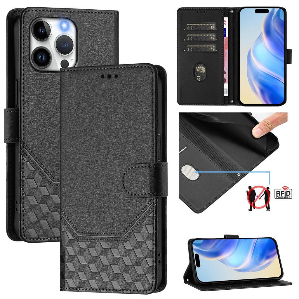 For iPhone 15 Pro Max Case Imprinted Honeycomb RFID Blocking Leather Phone Cover with Strap