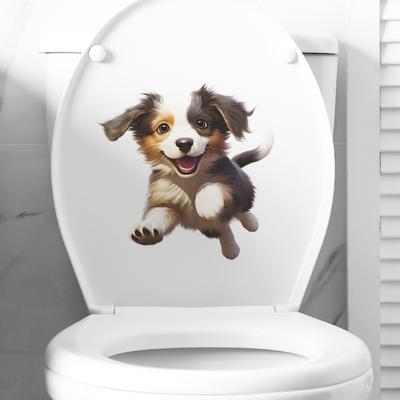 Verspieltes fröhliches Welpen Toiletten- und Wandaufkleber-Set Wasserdicht Selbstklebend Abnehmbare Aufkleber für Badezimmer WC Dekoration