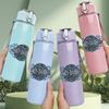 1PC Thin Blue Circular Abstract Print 750ml Colorful Plastic Sports Water Bottle Leakproof Pop Up Lid with Straw for Outdoor Work Home Use