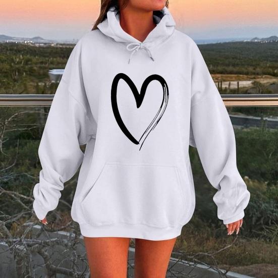 Women's Heart Print Hoodies Fall Long Sleeve Drawstring Pullover Top Oversized Fleece Lined Sweatshirt with Pocket