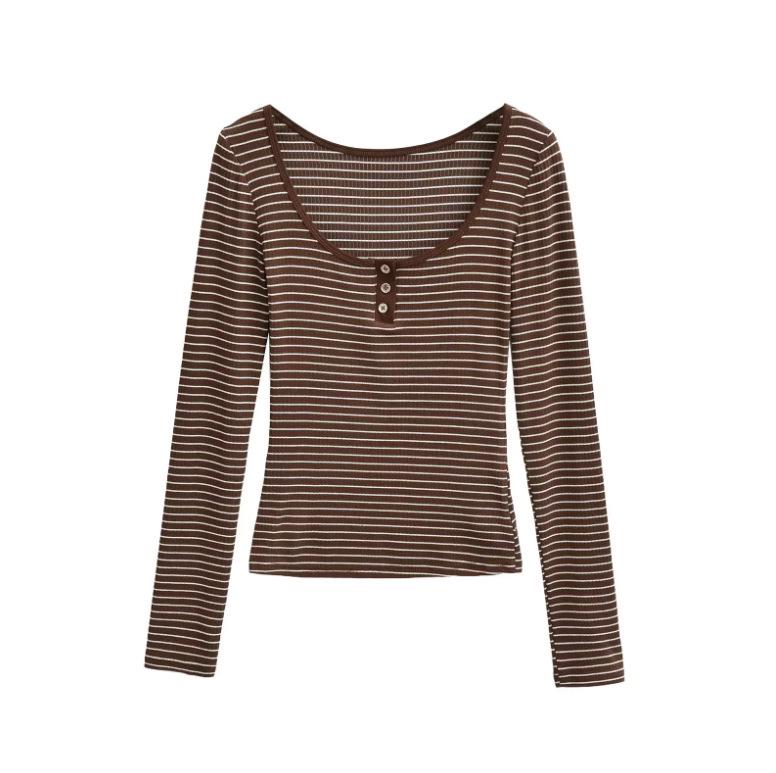 Осень 2025 Острая Девушка Цветные Блоки Полосатая Рубашка на Пуговицах Облегающая с Длинным Рукавом Базовая Футболка Small кофейный