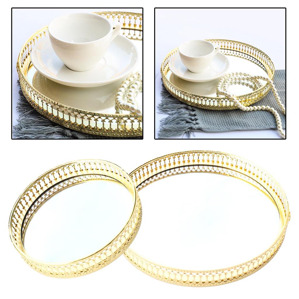 Gold Metal Mirror Base Tray Perfume Jewelry Makeup Decorative Vanity Tray