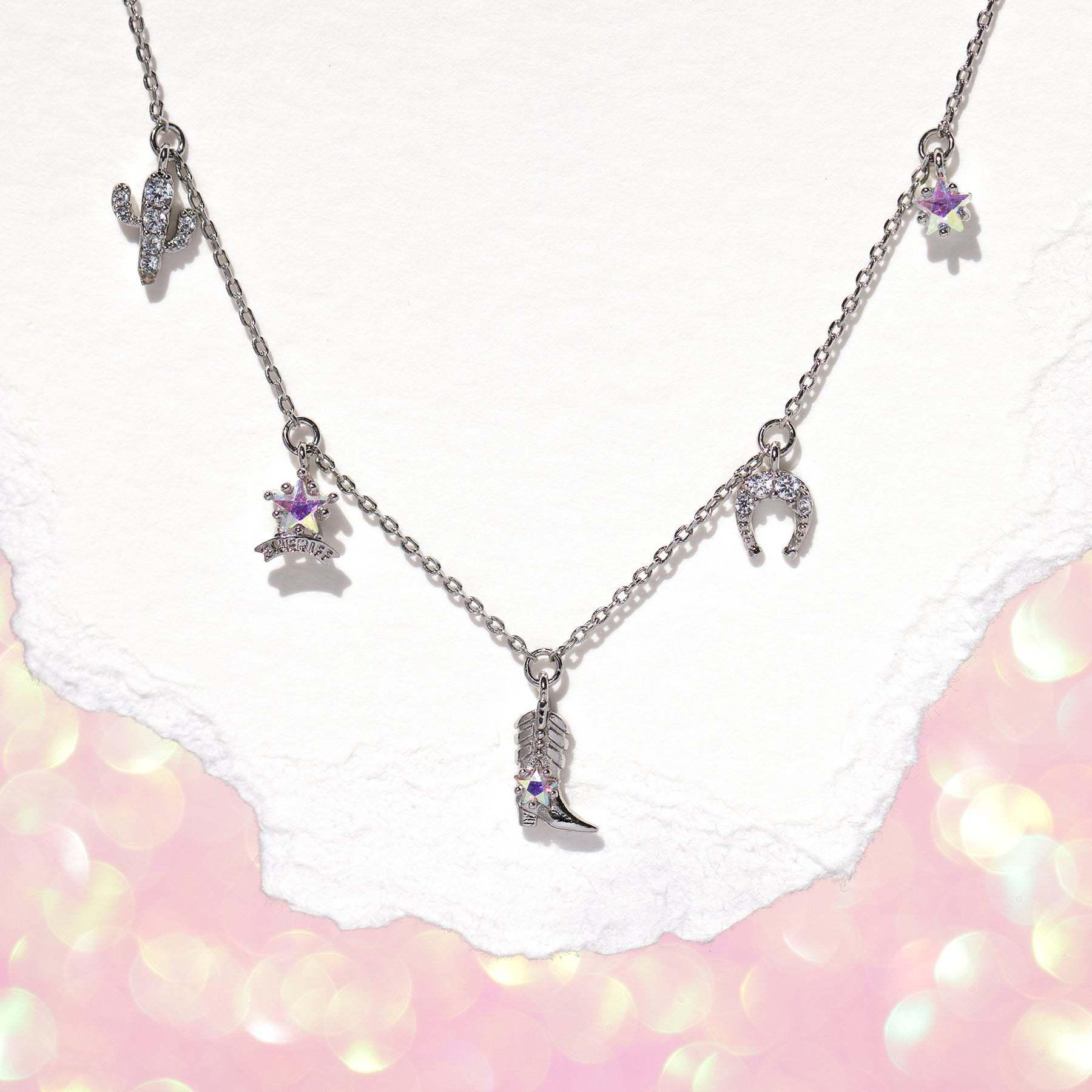 Western Cowboy Girl Necklace with Boots, Cowboy Hat, and Horseshoe Pendants in Gold-Plated Copper