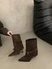 Vintage Suede Pointed Belt Buckle High-heeled Short Boots Women's Boots Autumn and Winter Thin-heeled Trouser Boots Medium Boots