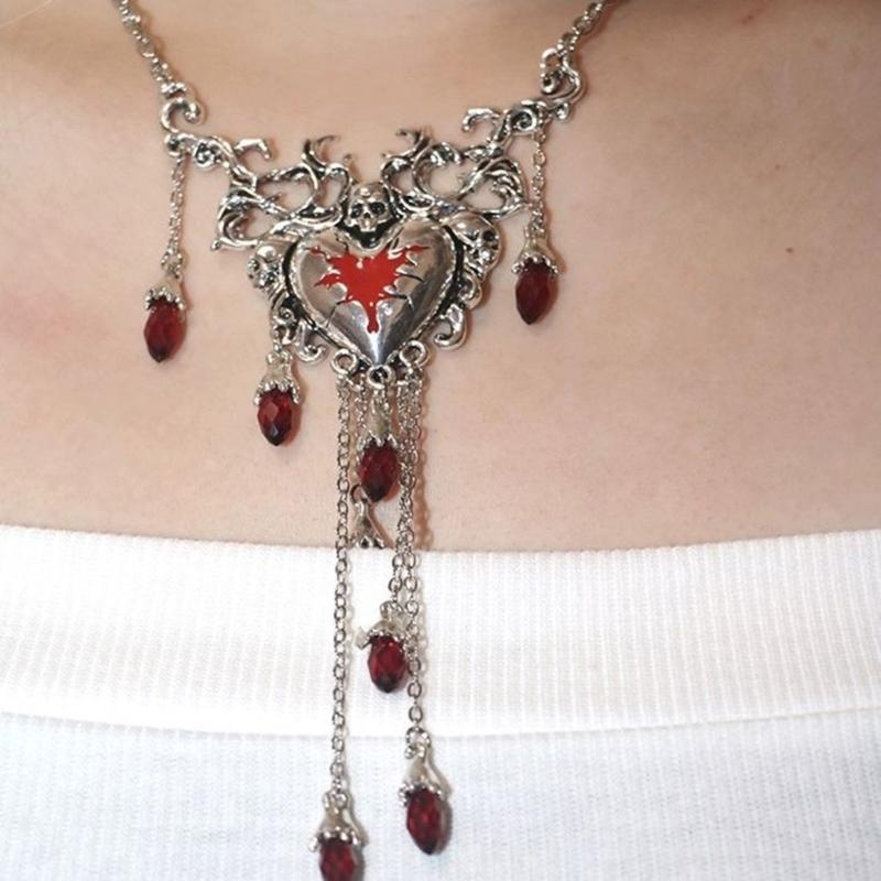 1 Set Niche Design Sense Red Dripping Diamonds Necklace Love Heart Earrings Halloween Christmas Fashion Retro Earrings