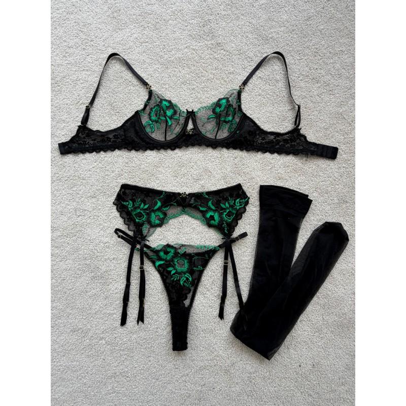 Lace See Through Bra Set Green Floral Embroidery Sexy Lingerie 3 Piece Women