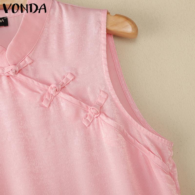 VONDA Women Chinese Style Sleeveless Irregular Ruffled Glitter Casual Tank Tops