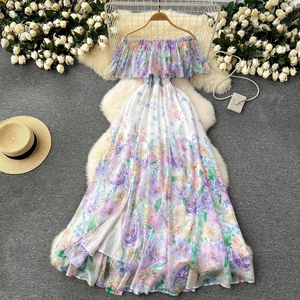 Sommer Off Schulter Wunderschöne Blume Urlaub Chiffon Kleid Frauen Slash Neck Floral Print Elastische Taille Lange Roben