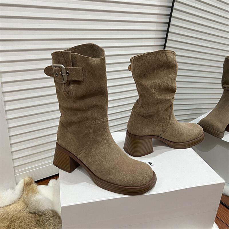Fashion New Autumn Winter Cow Suede Women Boot Fashion Platform Boots for Women Chunky Heel Mid-calf Boots Ladies Shoes Western Boots