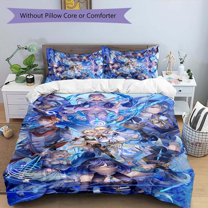 Set lenzuola con motivo personaggi Genshin Impact 3 pezzi set copripiumino include copripiumino e federe, decorazione camera da letto e regalo perfetti per tutte le stagioni