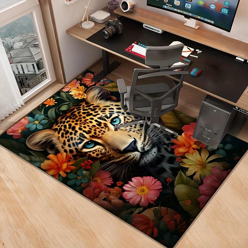 Leopard Floral Rug: Exotic Jungle Theme with Colorful Flowers - Bold Living Room Statement Piece | Wildlife Art Carpets