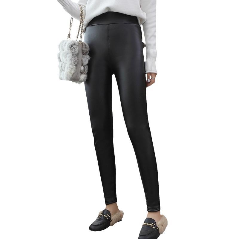 Extra thick front leather and rear cotton splicing lamb wool leggings, winter velvet thickened outer wear high-waisted integrated pants thermal pants