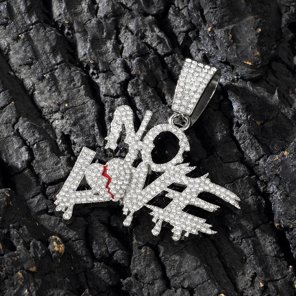 Men Women Hip Hop No Love Heart Letter Pendant Necklace with 13mm Cuban Chain Iced Out Bling Hiphop Necklaces Charm Jewelry Gift