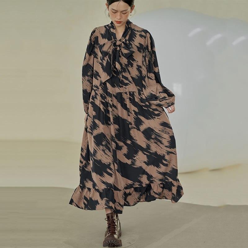 Xitao Vintage Print Dress Fashion Bandage Bow Collar Loose Long Sleeve Pullover Spring Autumn Base Dress New GWJ2559