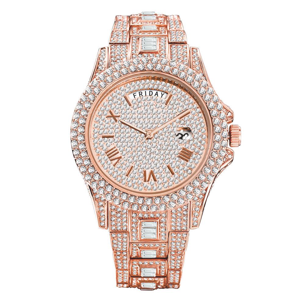 

Missfox Watch, Fashionable High-End Double Calendar Business Full Diamond Quartz Men S Watch Hiphop рожевий колір золота
