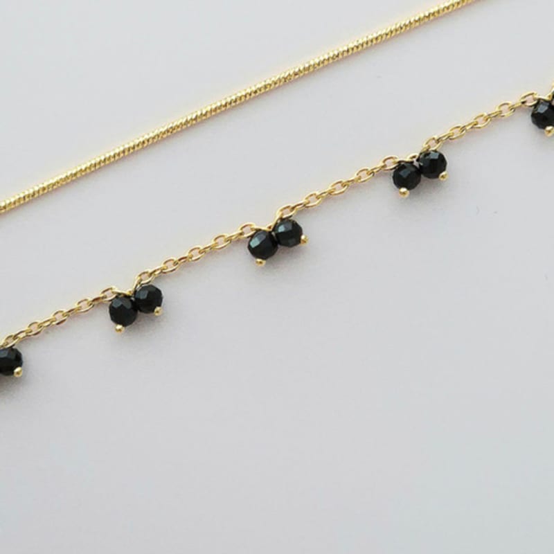 VOYONN Silver Double-Line Bracelet Gold Setting Beads Black 0009