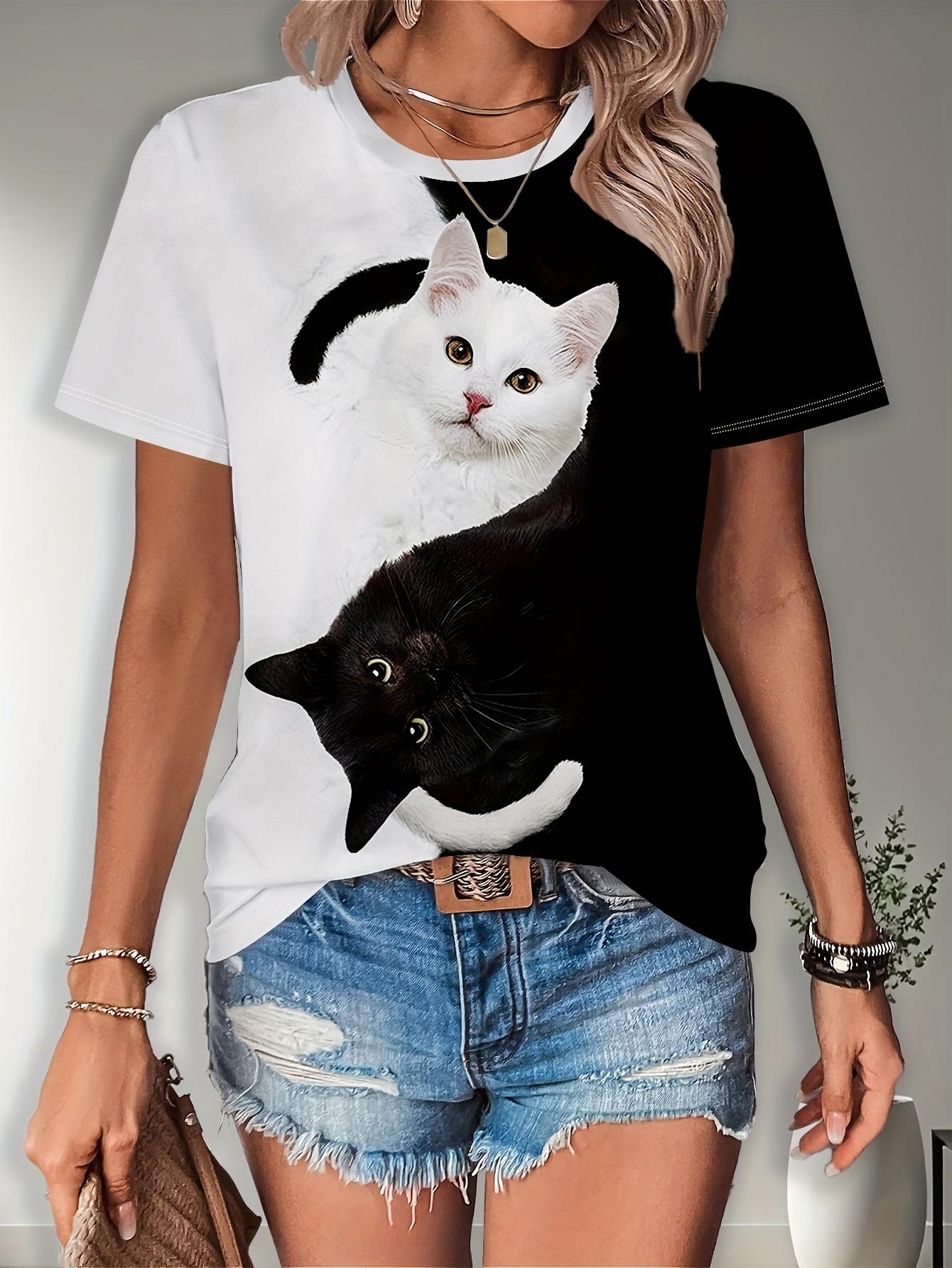 

Women S Casual Black and White Cat Print T-Shirt. Polyeste S дубильная кора