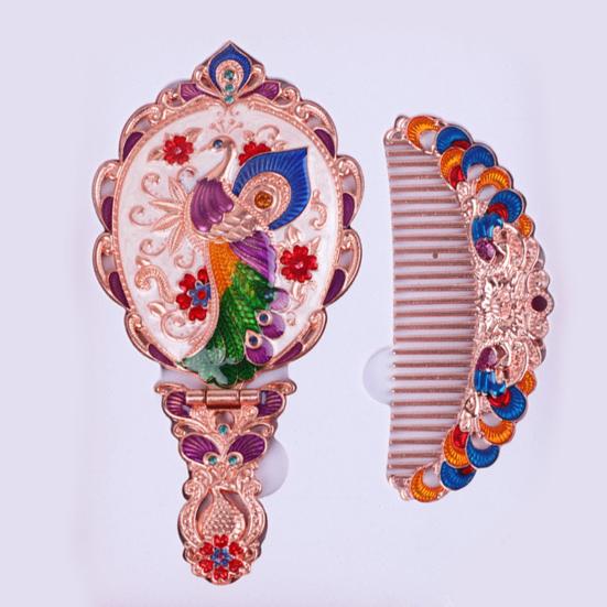 Vintage Folding Hand Mirror with Carved Comb Portable Travel Long Handle Metal Makeup Mirror Women Decorative Handheld Desk Vanity Mirror