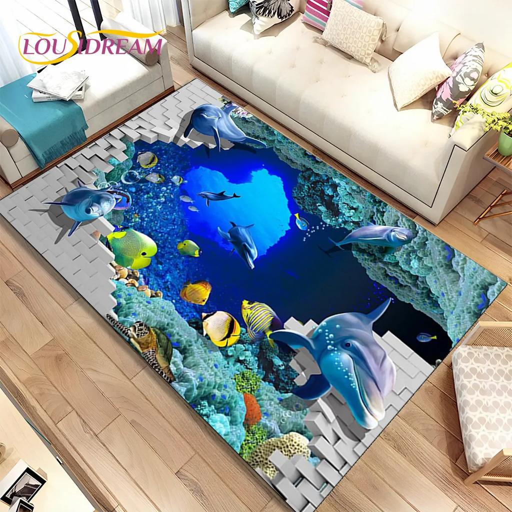 3D Illusion Seabed Underwater World Dolphin Shark Area Rug,Carpet Rug for Living Room Bedroom Sofa Doormat,Non-slip Floor Mat