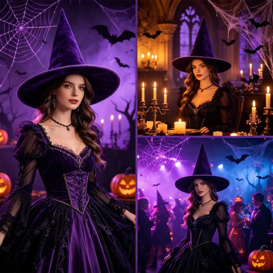 Masquerade Dress Up Hat Velvet Witch for Halloween Costume, Pointed Wizard Cap with Wide Dark Fantasy Costume Props Brim, Festival Headwear,