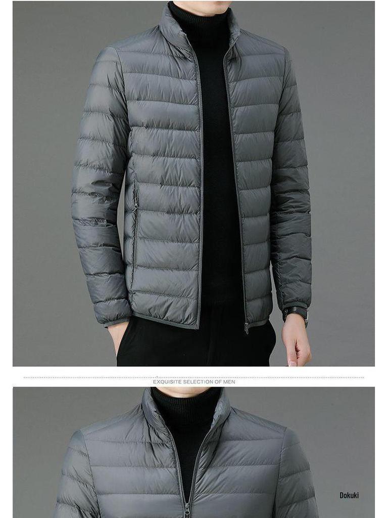 Herren Daunenjacke Slim: Kurz, Stehkragen, mit Kapuze, für Herbst und Winter