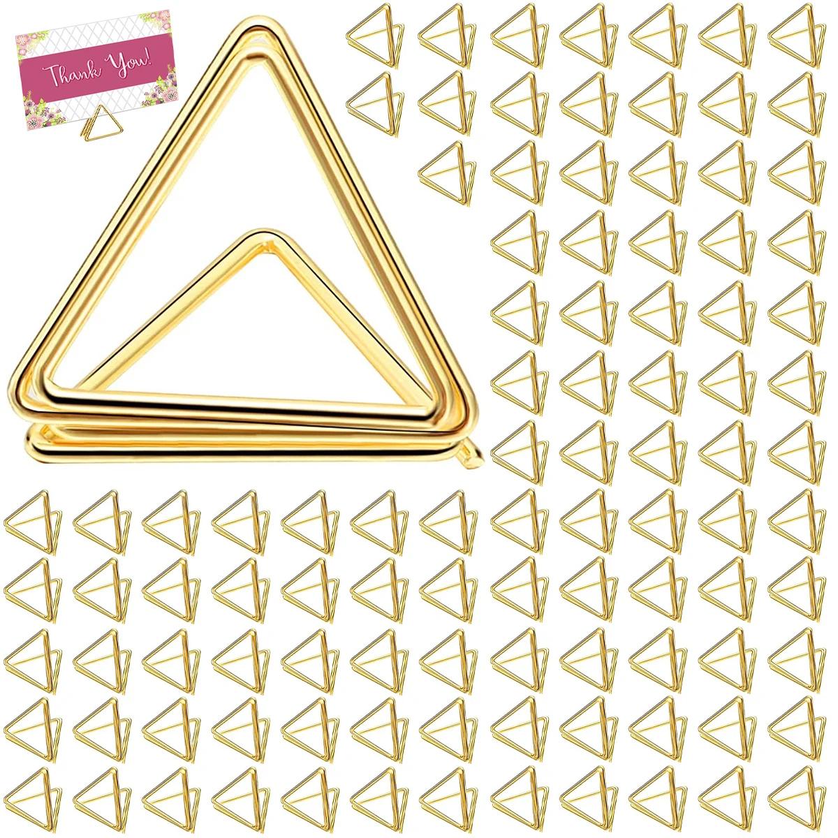 

100 шт. Треугольный держатель для карточек для рассадки гостей, металлический держатель для свадебного номера стола, подставка для имени вечеринки, мини-клип для показа фотографий, золотой 100pcs золотой