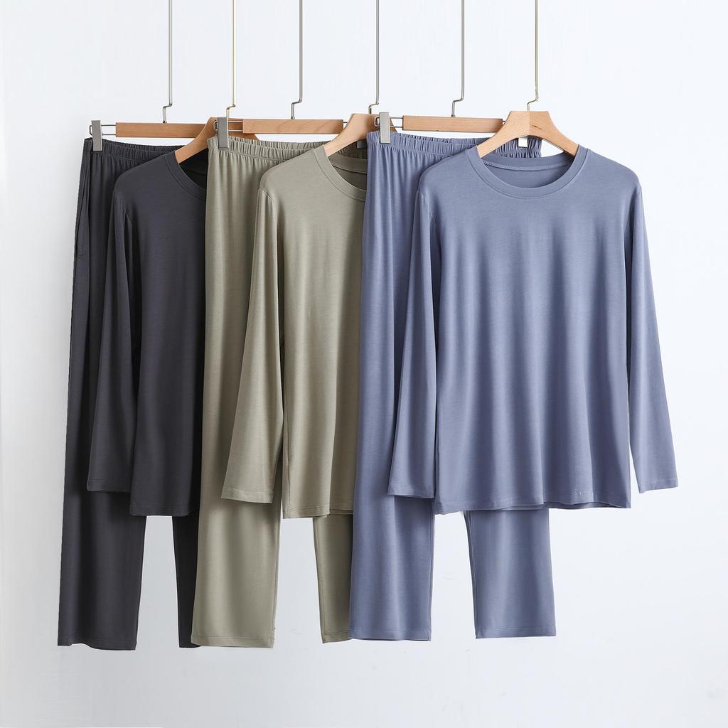 Pánský nadměrný modální pyžamový set - Dlouhý rukáv, Dlouhé kalhoty, s kapsami, Ležérní volný dvoudílný domácí oděv.